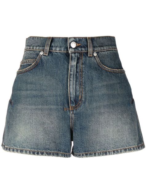 flared denim shorts from Alexander McQueen featuring indigo blue, cotton, dark wash, high waist, belt loops, front button and zip fastening, classic five pockets, flared and thigh-length. Alexander Mcqueen Clothing, Flared Denim, Short Jeans, Denim Flares, Lookbook Outfits, Dream Clothes, Indigo Blue, Blue Shorts, Waist Belt