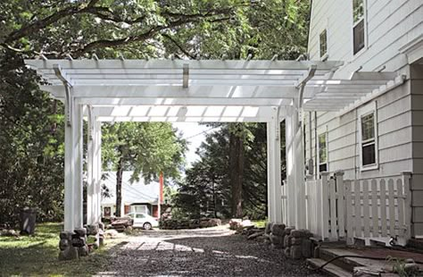 Driveway/ Garage Remodel on Pinterest | Detached Garage, Driveways ... Parking Pergola Car Ports, Pergola Driveway Car Ports, Porch Breezeway To Garage, Cottage Carport Ideas, Covered Parking Attached To House, Attached Car Port Ideas, Pergola Carport Side Of House, Add Carport To Side Of House, Carport Arbor