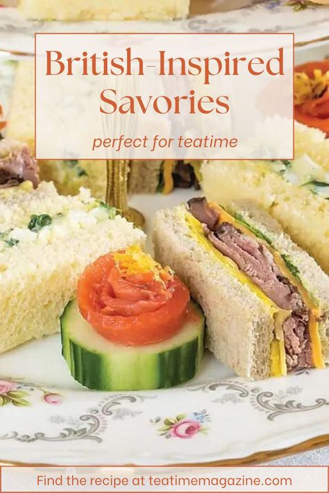 For the savories course of your next afternoon tea, consider serving this enticing trio: Egg and Cress Tea Sandwiches, Garden Vegetable, Roast Beef & Cheddar Tea Sandwiches, and Salmon Roses on Cucumber Rounds. We recommend pairing these lovely recipes with a cup of Grace Tea Company’s "Gunpowder Pearl Pinhead Green." Find the recipes at https://teatimemagazine.com/tea-among-roses/3/.   Royal Albert "Tranquillity" china courtesy of Replacements Ltd. English Tea Sandwiches Recipes, Tea Party Soup, High Tea Sandwiches Fillings, English Tea Party Food, Afternoon Tea Sandwiches Fillings, Tea Sandwiches Recipes Easy, Roast Beef Tea Sandwiches, Afternoon Tea Menu Ideas, Afternoon Tea Party Food