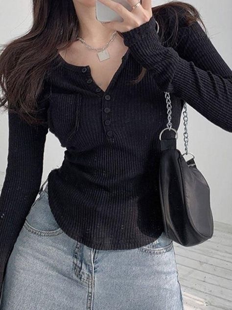 Style: Casual, Street Color: Black,White Fabric Content: Cotton, Spandex Fit Type: Slim fit Neckline: Crew Neck Sleeve Length: Long Sleeve Henley Tee, Black And White Fabric, Sweaters Online, Virtual Closet, Knit Crop Top, Exclusive Fashion, White Fabric, Grunge Fashion, Cotton Spandex