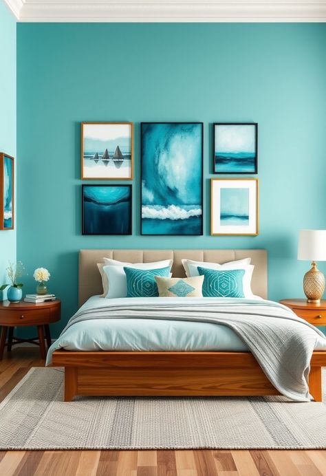 25 Turquoise Bedroom Ideas: Transform Your Space into a Serene Oasis » HomeDecorFull Teal Beach Bedroom, Teal Bedroom Paint, Light Teal Bedroom, Turquoise Blue Bedroom, Turquoise Bedroom Walls, Turquoise Bedroom Ideas, Turquoise Headboard, Turquoise Bedroom, Turquoise Curtains