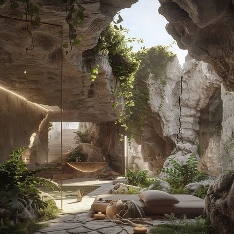 cave dwelling x luxury ✨🖤 - Carved into a forgotten island, this multi-level sanctuary blends modern luxury with ancient tradition. Natural light graces a cave pool, whispering tales of nature and designs’ coexistence 🧚‍♂️ - #cavedweller #islandliving🌴 #architecturaldetails #architecturaldesigns #organicarchitecture #contemporarystyle #contemporarydecor #ancientarchitecture #naturallighting #midjourneyarchitecture #luxuryarchitecture #interiordesigncommunity #architecturephotography #biophili... Houses That Blend In With Nature, Mediterranean Revival Architecture, Cave Dwelling, Cave Houses, Cave Pool, Luxury Island, Cave Design, Modern Luxury Furniture, Exotic Homes