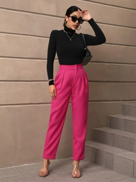 Hot Pink Pants Outfit, Pink Pants Outfit Work, Pink Trousers Outfit, Trouser Pants Outfits, Pink Pants Outfit, Pants Outfit Work, Hot Pink Pants, Casual Professional, Pink Trousers