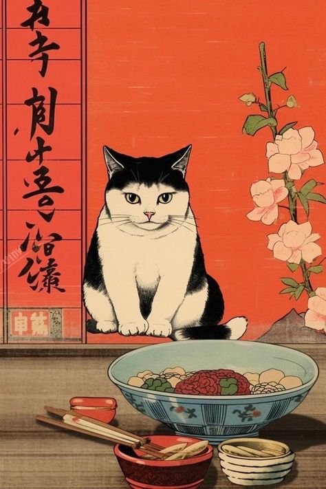 Ramen Wallpaper Aesthetic, Japanese Poster Aesthetic, Japanese Vintage Aesthetic, Japanese Cat Illustration, Japanese Style Wallpaper, Japanese Retro Art, Japanese Cat Art, Japanese Cartoon Art, Vintage Japanese Poster