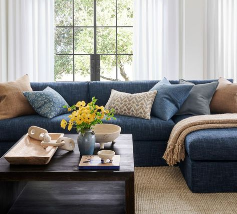 Serene Slipcovered Sofa Chaise Sectional | Pottery Barn Blue Couch Rug, Couch Rug Combo, Living Room Blue Couch, Living Playroom, Blue Sofa Living Room, Cottage Family Room, Couch Rug, Navy Couch, Newlywed Home