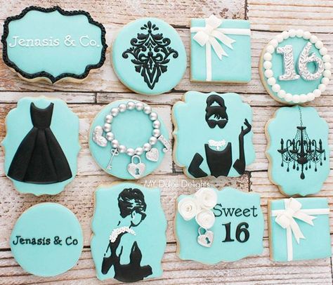 Breakfast at Tiffany's inspired cookies.  A very popular theme and surprisingly my first time working on it.  I love bright/contrasting colors! Thank you Erika!  #breakfastattiffanyssweet16 #tiffany #breakfastattiffanys #sweetsixteen #customsweets #audreyhepburn Tiffany Theme Party, Breakfast At Tiffanys Party Ideas, Tiffany Birthday Party, Tiffany Cakes, Tiffany Birthday, Tiffany Theme, Tiffany Bridal Shower, Tiffany's Bridal, Tiffany Party