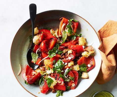 21 best capsicum recipes | Gourmet Traveller Easy Barbecue Recipes, Sourdough Boule, Capsicum Recipes, Grilled Romaine Salad, Roasted Capsicum, Grilled Romaine, Oven Roasted Tomatoes, Romaine Salad, Asparagus Salad