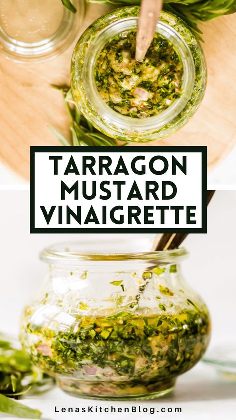 Welcome spring to the table with this creamy Tarragon Mustard Vinaigrette. The bright, tangy, and herbaceous flavors make it the perfect partner to radicchio salad, pork chops, salmon, chicken, and more! Venigret Salad Dressing, Creamy Vinaigrette Dressing, Tarragon Vinaigrette, Tarragon Recipes, Tarragon Chicken, Chicken Wing Sauces, Mustard Vinaigrette, Radicchio Salad, Easy Salad Dressing