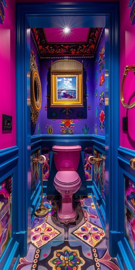 Colorful Powder Room, Pink Toilet, Powder Room Design, Minimal Space, Maximalist Decor, Apartment Decor Inspiration, Maximalism, Decoration Inspiration, Dream House Interior