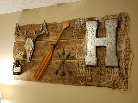 Farmhouse Fishing Decor, Hunting And Fishing Themed Boys Room, Hunting And Fishing Decor, Hunting And Fishing Bedroom For Boys, Hunting Themed Basement, Boys Hunting Theme Bedroom, Hunting And Fishing Room, Boy Fishing Room, Fishing Decor Ideas Rustic