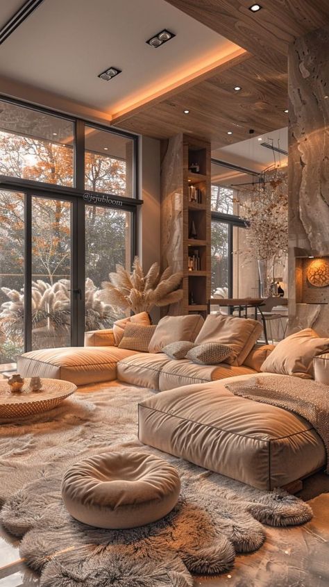 Light Bohemian Living Room, Brown Luxury Living Room, Amazing Living Rooms, Warm Tone Interior Design, Normal Living Rooms, Cozy House Inspiration, Living Room With Large Tv, Modern House Design Interior 2024, Comfy House Aesthetic