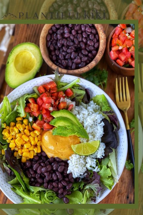 Loaded Burrito Bowl 🥙 PREP TIME: 10 MINS COOK TIME: 20 MINS TOTAL TIME: 30 MINS YIELDS: 1 SERVING INGREDIENTS 1 cup of steamed rice (white or brown) ½ cup pinto or black beans ¼ cup canned corn, drained 1 tbsp minced red onion ¼ cup jarred salsa or homemade pico Chopped cilantro (optional) Squeeze of lime Garlic salt (optional) ¼ cup of cheese sauce 2 cups of spring greens or lettuce of your choice ¼ small avocado (optional) Loaded Burrito, Plantiful Kiki, High Carb Low Fat Vegan, Starch Solution Recipes, Vegan Enchiladas, Plant Based Soups, Greek Potatoes, Rice Beans, Wfpb Recipes