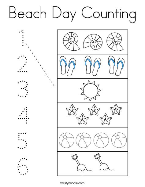 Beach Day Counting Coloring Page - Twisty Noodle Beach Worksheets For Preschool, Beach Worksheet, Tea Activities, Preschool Curriculum Activities, Beach Theme Preschool, Fall Preschool Worksheets, Tracing Font, Coloring Pages Nature, Beach Coloring Pages