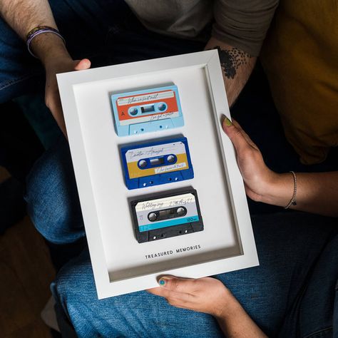 What better way to cherish those memorable songs than with this personalised retro cassette tape print  Choose from one to three cassettes, and available in lots of colours. Songs which mean something can now be dispayed and cherished forever. From the song you danced to at your wedding, or the song which was playing when you met a loved one, there are lots of ways you can use them. Each cassette will be personalised with the artist and song title, as well as a message which could be your names, Cassette Tape Crafts Diy, Diy Wedding Gift Ideas, Cassette Tapes Decor, Cassette Tape Art Diy, Cassette Tape Crafts, Mixtape Art, Cassette Mixtape Design, Cassette Tape Collection, Cassette Tape Art