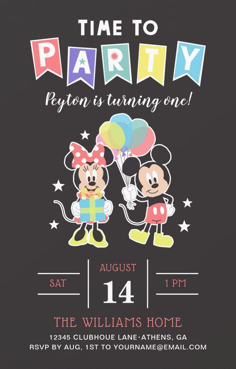 Time to party! Mickey and Minnie Mouse themed birthday party invitations. Fun birthday party invites for boys and girls. afflink Disney Birthday Invitations, Minnie Mouse Birthday Theme, Minnie Y Mickey Mouse, Baby Birthday Invitations, 1st Birthday Party Invitations, Mickey Mouse Birthday Party, Birthday Invites, Minnie Mouse Birthday Party, Mickey Y Minnie