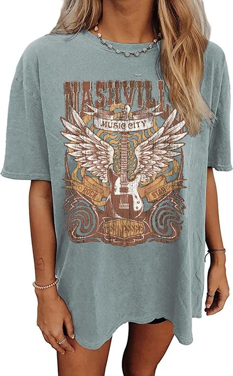 Nashville Music City T-Shirt Women Country Music Oversized Shirts Rock Band Tshirt Vintage Guitar Wings Graphic Tees Concert Outfit Casual, Nashville Music City, Music City Nashville, Nashville Music, City T Shirt, Country Music Shirts, Vintage Guitar, Graphic Tees Vintage, Music City