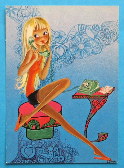 70s Drawings, 70s Art, 60s Art, Postcard Vintage, Bel Art, Mod Girl, Art Mignon, Art Et Illustration, New Wall