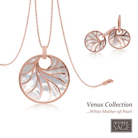 Frederic Sage "Venus" Pendant and earrings ~ Mother of Pearl set in Pink Gold Natural Stone Jewelry Diy, Mop Jewelry, Laxmi Narayan, Fine Pearl Jewelry, Diy Wire Earrings, Diamond Pendants Designs, Mother Of Pearl Pendant, Art Jewelry Design, Jewellery Design Sketches