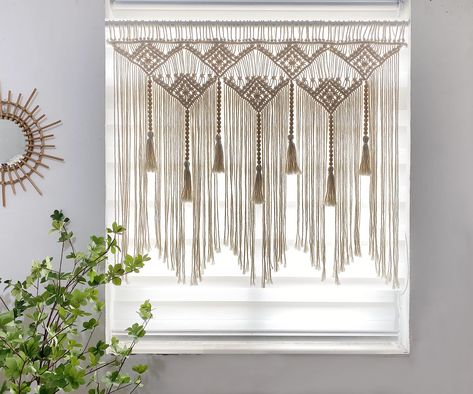 PRICES MAY VARY. Large Macrame Wall Hanging Size：(W)39"X (H)31".Not Includ Wooden Dowels. If you have a blank wall that just needs a little something, hang this modern macrame piece on your room as macrame headboard for bedroom, macrame curtains for windows, woven hanging tapestry for boho home decor Great gift idea: This large macrame will become a perfect birthday, wedding, anniversary, housewarming or any special occasion gift for bedroom wall decor, living room decor or even kitchen wall dec Macrame Window Valance, Curtains Macrame, Headboard Macrame, Macrame Valance, Bedroom Macrame, Macrame Window, Macrame Window Curtain, Macrame Curtains, Hanging Leaves