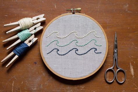 Completely hand stitched on linen in a 5 inch circle embroidery hoop. Easy to hang on a wall or rest on a shelf.  Want the wave with colors as Circle Embroidery, Embroidery Quilt, Simple Hand Embroidery Patterns, Learn Embroidery, Sewing Embroidery Designs, Shirt Embroidery, Hand Embroidery Stitches, Embroidery Hoop Art, Embroidery Craft