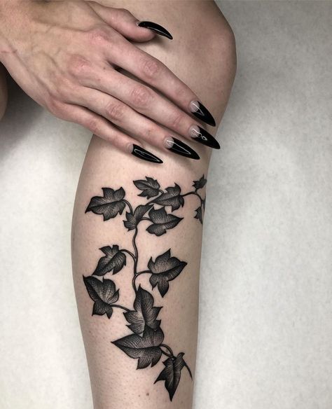 Black Vines Tattoo, English Ivy Tattoo Arm, Ivy Tattoo Leg, Ivy Tattoo Thigh, Devils Ivy Tattoo, Black Ivy Tattoo, Moon With Ivy Tattoo, Goth Vine Tattoo, Gothic Leaves Tattoo