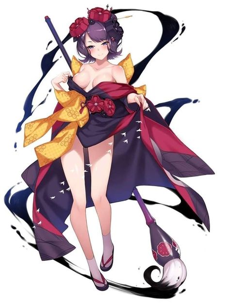 Off Shoulder Kimono, Kimono Sandals, Purple Kimono, Japanese Clothes, Calligraphy Brush, Swept Bangs, Kimono Japanese, Hair Simple, Katsushika Hokusai