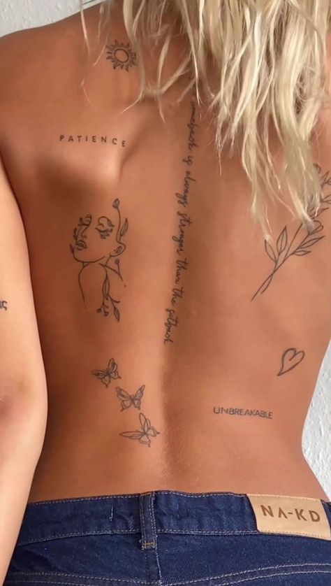 Text Back Tattoo Women, Back Tattoos Line Work, Mads Lewis Back Tattoo, Scattered Back Tattoos Women, Back Sticker Tattoo Women, To Speak Or To Die Tattoo, Back Tat Ideas, Spine Tattoo Fonts, Back Minimalist Tattoo Women