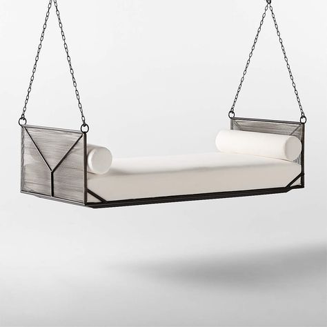 Zora Black Rattan Outdoor Hanging Daybed with White Sunbrella Cushions | CB2 Black Outdoor Furniture, Black Daybed, Hanging Daybed, Black Rattan, Hanging Beds, Rattan Outdoor, Outdoor Couch, Bed Swing, Sunbrella Cushions