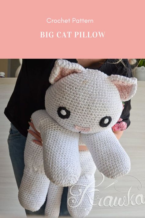 Bunny Pillow Crochet, Cute Knitting Ideas Animals, Crochet Projects Big Yarn, Crochet Pillow Amigurumi, Big Crochet Amigurumi, Crochet Pillow Pet, Giant Cat Crochet Pattern, Big Amigurumi Pattern, Cat Plush Crochet Pattern