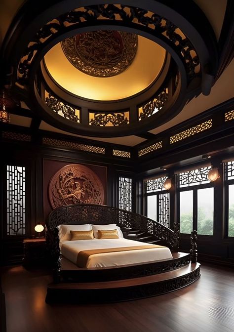 Modern Chinese Bedroom, Cyberpunk Interior Design, Art Bedroom Ideas, Royal Bedroom Design, Peaceful Aesthetic, Chinese Style Interior, Asian Inspired Decor, Japanese Room, Asian Homes