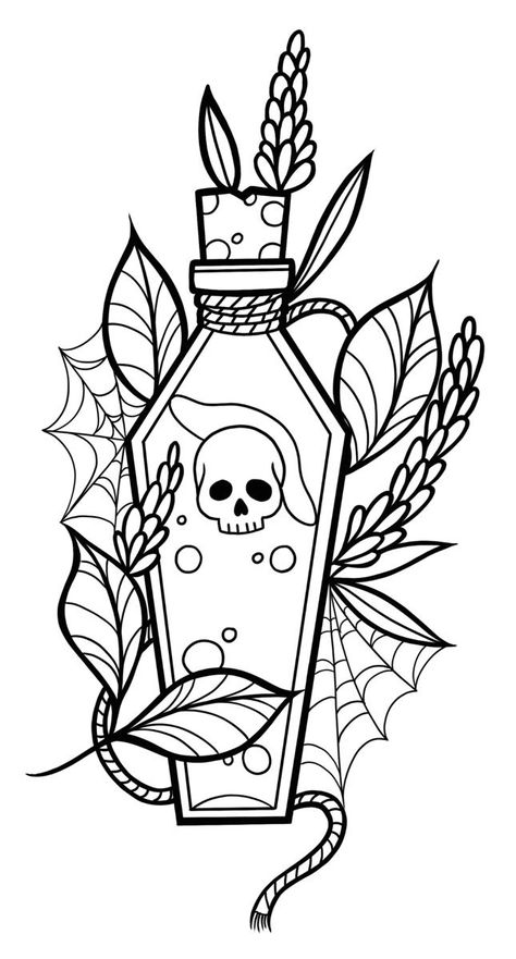 Poison Bottle Tattoo Design, Bottle Tattoo Design, Poison Bottle Tattoo, Traditional Tattoo Outline, Poison Bottle, Witch Coloring Pages, Bottle Tattoo, Spooky Tattoos, Tattoo Stencil Outline