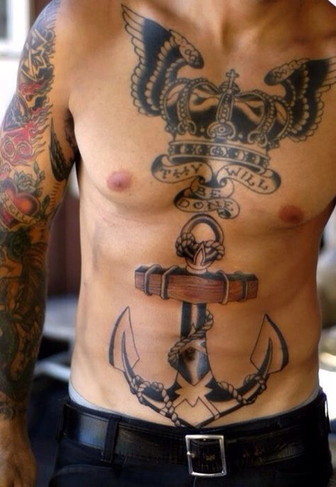 Anchor Tattoo on Stomach Marine Tattoos, Anker Tattoo Design, Crown Tattoo Men, Vintage Tattoos, Body Tattoo Design, Anchor Tattoo Design, Military Tattoos, Anchor Tattoos, Tattoo Zeichnungen