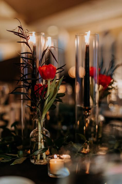 dark and moody, black taper candles, black centerpieces, candles, winter wedding, connecticut wedding, the waterview monroe Moody Wedding Centerpieces, Black Candle Centerpieces, Black Candle Wedding, Moody Candles, Halloween Wedding Centerpieces, Taper Candle Centerpiece, Moody Winter Wedding, Photos In The Snow, Dark And Moody Wedding