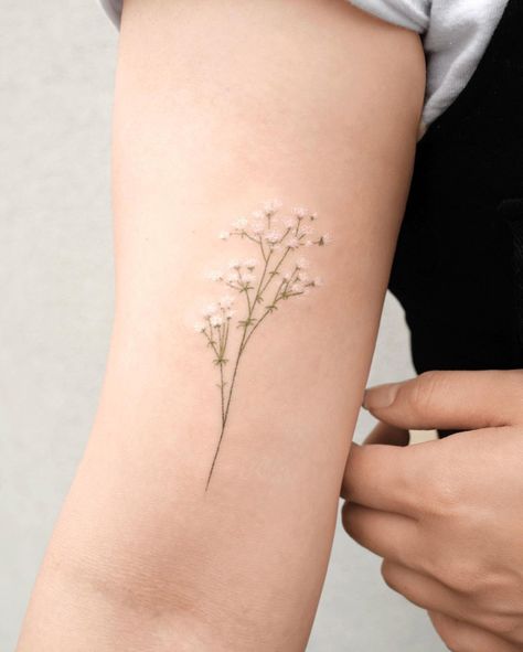 Baby Breath Tattoo, Breath Tattoo, Lily Flower Tattoos, Remembrance Tattoos, Hand Poked Tattoo, Baby Breath, Hand Poke, Baby S Breath, Subtle Tattoos