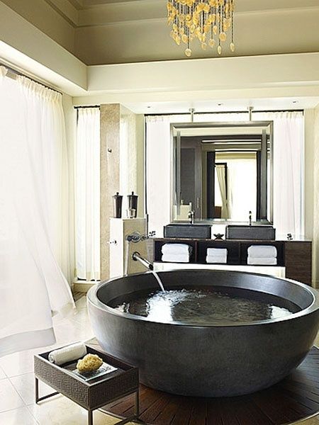 Huge Stone Bathtub.  Nice mirror in front of window - privacy and light Drømme Bad, Bath Therapy, Unique Bathrooms, Resort Photos, Presidential Suite, Stone Bathtub, Suite Bathroom, Bad Inspiration, House Things