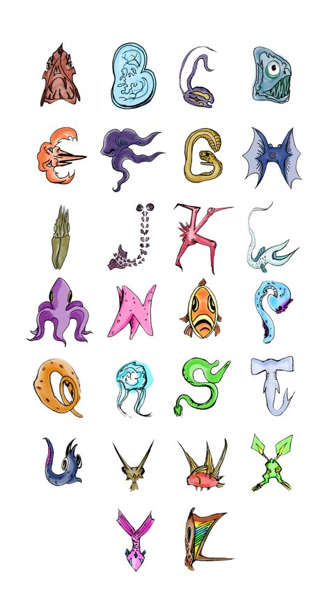 Deep sea Creatures alphabet Shark Project, Sea Alphabet, Fish Alphabet, Ocean Alphabet, Nice Lettering, Deep Sea Animals, Sea Creatures Drawing, Animal Alphabet Letters, Deep Sea Creatures