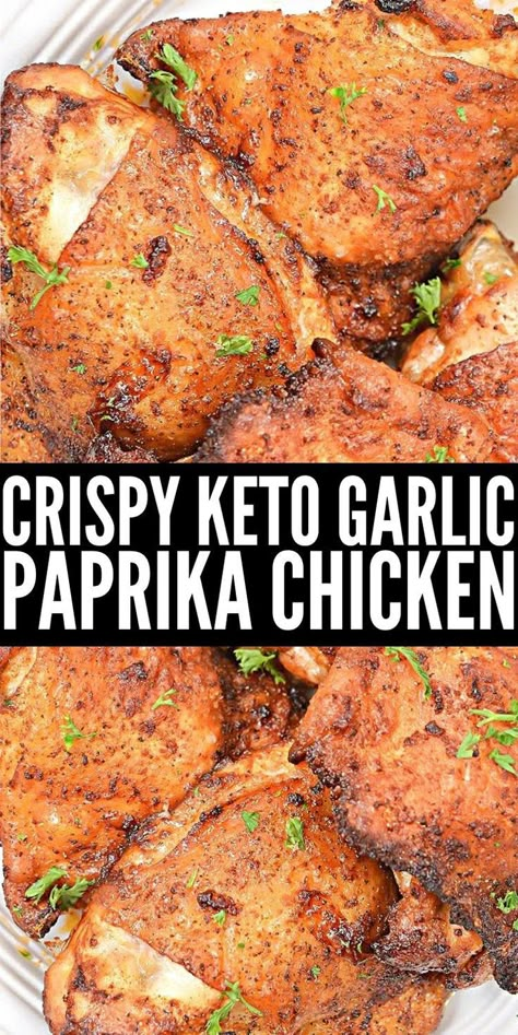 Crispy Keto Garlic Paprika Chicken - These keto paprika and garlic chicken thighs are perfectly crispy and the perfect main course for any family dinner or meal prep. #keto #ketorecipes #ketodiet #Ketofriedchicken #paprikagarlicchicken #chickenrecipes #chickendinner #airfryerchicken #chickenthighs #friedchicken #dinner #food #recipes Keto Air Fryer Chicken, Paprika Chicken Thighs, Air Fryer Recipes Chicken Thighs, Keto Chicken Thigh Recipes, Air Fryer Chicken Thighs, Keto Fried Chicken, Low Carb Cheesecake Recipe, Crispy Chicken Thighs, Keto Air Fryer