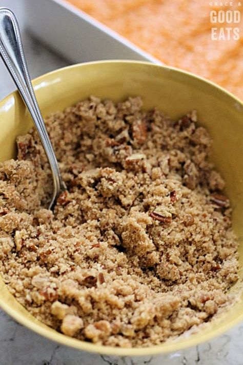 Pecan Crumble Topping, Pecan Streusel Topping, Brown Sugar Glazed Carrots, Holiday Casseroles, Crockpot Side Dishes, Sweet Potato Toppings, Canning Sweet Potatoes, Make Brown Sugar, Pecan Topping