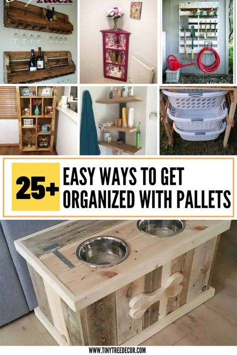 Check Out These 25 Pallet Projects That Help With Organizing and Create More Storage! | Tiny Tree Decor 2024 What To Make With Pallet Wood, Wood Projects From Pallets, Pallet Project, Pallet Diy Furniture Projects, Mini Pallet Ideas, Pallet Organization Ideas, Pallet Shelves Diy, Pallet Wall Hangings, Pallet Coat Racks