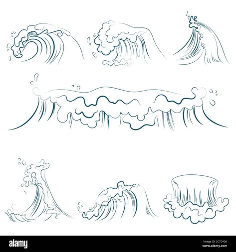 Download this stock vector: Hand drawn volumetric blue line sea waves vector set. Ocean storm wave isolated vector illustration - 2C7C4G6 from Alamy's library of millions of high resolution stock photos, illustrations and vectors. Ocean Storm Drawing, Ocean Waves Illustration, Ocean Drawing, Wave Drawing, Ocean Illustration, Ocean Storm, Sea Storm, Sea Illustration, Rock Beach