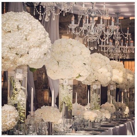 We Love When Two Beautiful Things Come Together And You Can Never Go Wrong With Mercury Glass And Hydrangea! Hydrangeas Centerpieces, White Hydrangea Wedding, Hydrangea Wedding, Hydrangea Centerpiece, Hydrangea Arrangements, Tafel Decor, Quinceanera Ideas, All White Wedding, Shower Themes