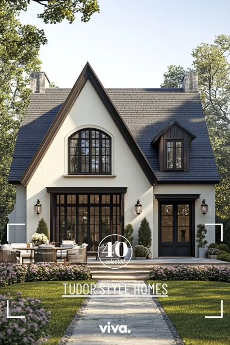 ♥ Dreaming of a charming Tudor cottage? Explore the beauty of this modern Tudor house exterior with French and English cottage vibes. Perfect for lovers of cottage decor and English cottage style, this home features a cozy and whimsical design. 🏡🌿 #TudorStyleHomes #ModernTudor #CottageCore #CottageAesthetic Charming English Cottage, English Cottage Plans Layout, Tudor Windows Exterior, Cottage Architecture Design, Different Home Exterior Styles, Cottage Vibe House, Exterior Cottage Style Homes, Vintage Exterior House, French Inspired Home Exterior