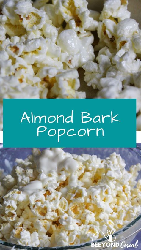 Almond Bark Popcorn Christmas, White Almond Bark Popcorn, Popcorn Almond Bark Recipe, Popcorn White Chocolate Recipes, Almond Bark Popcorn Recipe, Almond Bark Recipes White, White Almond Bark Recipes Christmas, White Almond Bark Recipes, Popcorn With Almond Bark