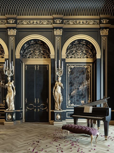 Blackum...Mixing Between Gold & Black Color in Luxury Style ... Throne Room, Classic Interior Design, Grand Piano, Luxury Homes Interior, Home Cinema, Classic Interior, Bar Lounge, Beautiful Architecture, Luxor