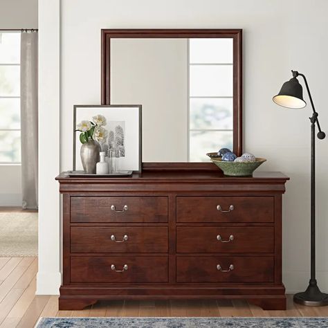 Brandenn 6 - Drawer Dresser with Mirror Chest Decor Bedroom, Dark Wood Mirror, Cherry Wood Dresser, Cherry Wood Bedroom, Double Dress, Metal Daybed With Trundle, Dark Brown Furniture, Bedroom Needs, Brown Furniture Bedroom