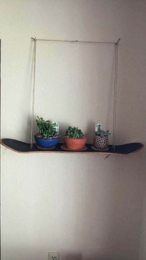 DIY skateboard shelf - Gift I made my GF. Made a hanging shelf out of an old skateboard suspended with some string, in this case jute. Skateboard Shelf Diy, Old Skateboard Ideas Diy, Trash Crafts, Skateboard Shelf, Make A Skateboard, Homemade Shelves, Old Skateboard, Skateboard Shelves, Diy Skateboard