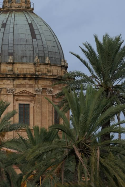 Catholic church with palm trees in summer in Italy Palermo Sicily Aesthetic, Palermo Aesthetic, Italy Palermo, Europe Travel Places, Travel Places To Visit, Aesthetic Vision Board, Chanel Allure, Aesthetic Italy, Italy Beaches