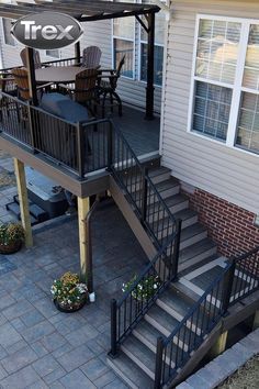 Small 2nd Floor Deck Ideas, Stairs Off Deck Ideas, Trex Deck Stairs Ideas, 2nd Story Deck Ideas Staircase, Deck With Stairs To Backyard, Composite Deck Stairs Railing Ideas, Exterior Deck Stairs, Upper Deck Stairs To Patio, Black Trex Deck