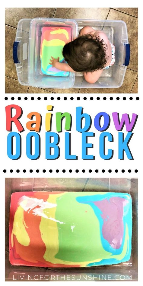 Oobleck Activities Preschool, Sensory Colour Activities, Easy Diy Sensory Activities, Clean Sensory Activities, Colour Sensory Activities, Rainbow Sensory Play, Messy Play For Preschoolers, Rainbow Oobleck, Easy Sensory Activities Toddlers