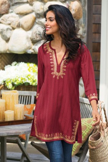 Kashmir Tunic I - Striped Tunic, Red Tunic T Red Tunic Top, Look Hippie Chic, Tunic Outfit, Indian Tunic, Red Tunic, Estilo Hippie, Womens Clothes, Women Tunic Tops, Desi Fashion